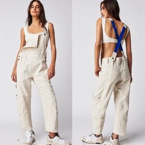 Free People Cream Rayna Carpenter Jumpsuit Overalls with Blue Straps